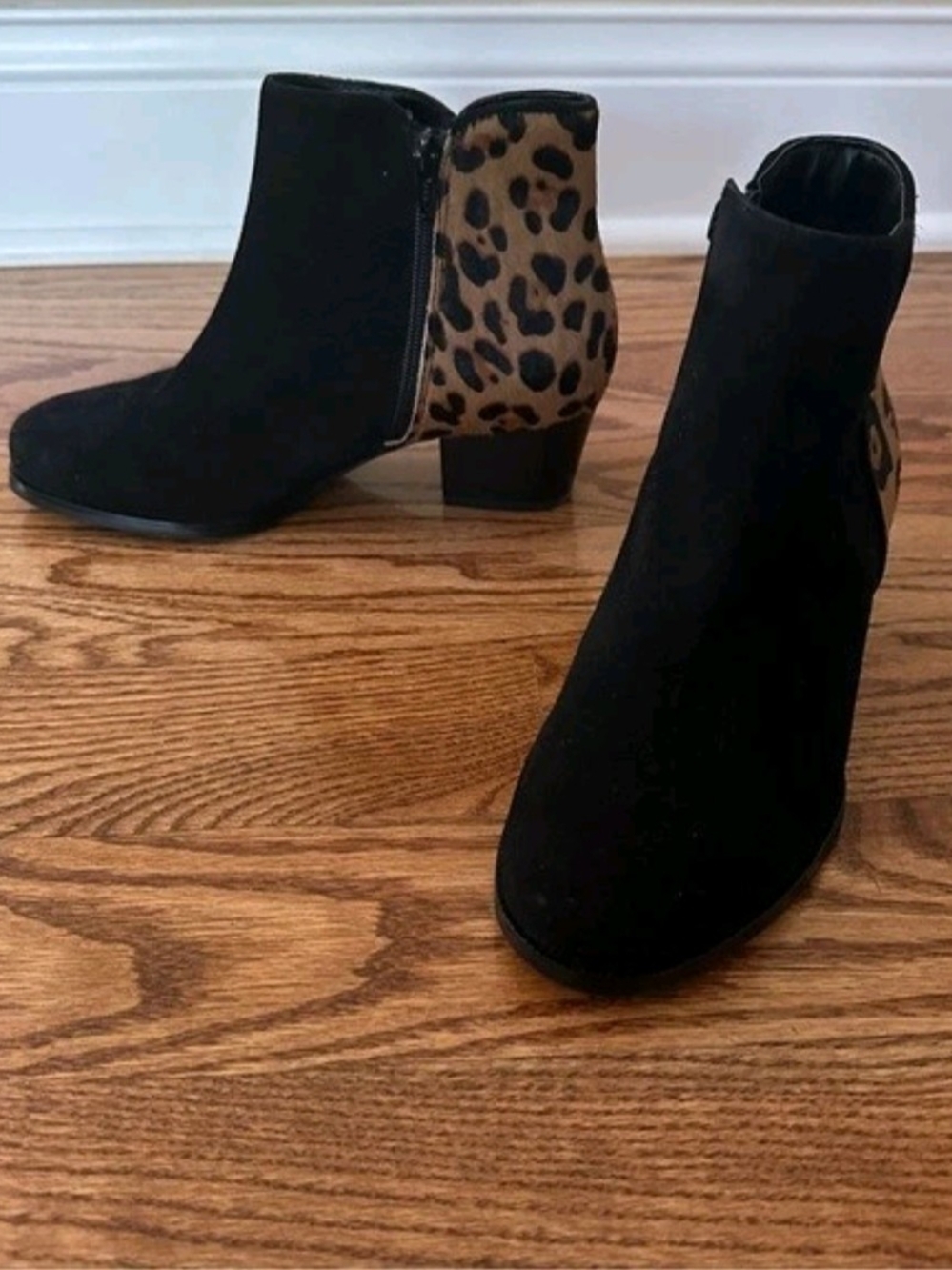 David Tate Black Ankle Boots with Leopard Heel Panel